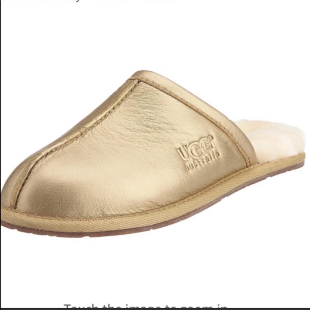 UGG Shearling and Gold Metallic Leather Slippers, Size 9